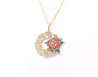 Silver Pendant Portuguese Filigree 925 Sterling Silver Women With Rose Painted