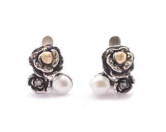 Gold and Silver Earrings Woman with Two Flowers and a Pearl