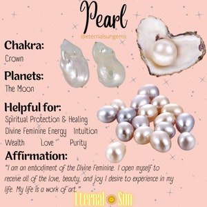 May include: A selection of pearls in different shapes and colours, including white, cream, and silver. The image includes text stating "Pearl" and lists properties such as spiritual protection and divine feminine energy. The background is a soft pink.
