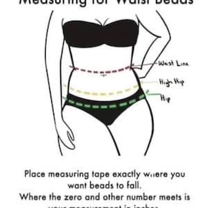 May include: Diagram showing how to measure for waist beads. The image features a line drawing of a person with labels for the waist line, high hip, and hip. Text advises placing the measuring tape where the beads will sit and noting the measurement in inches.