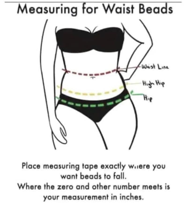 May include: Diagram showing how to measure for waist beads. The image features a line drawing of a person with labels for the waist line, high hip, and hip. Text advises placing the measuring tape where the beads will sit and noting the measurement in inches.