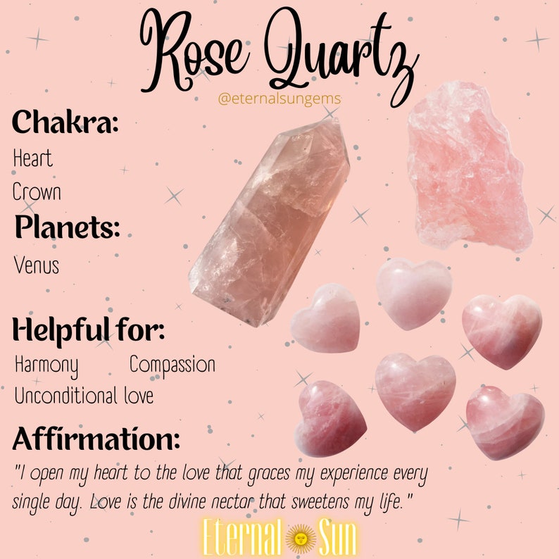 May include: Pink rose quartz crystals in various shapes, including a large, rough piece and several heart-shaped stones. The text "Rose Quartz" is written in a decorative font with the Instagram handle "@eternalsungems". The text "Chakra: Heart, Crown" and "Planets: Venus" is also included. The text "Helpful for: Harmony, Compassion, Unconditional love" is also included. The text "Affirmation: "I open my heart to the love that graces my experience every single day. Love is the divine nectar that sweetens my life." is also included. The text "Eternal Sun" is also included.