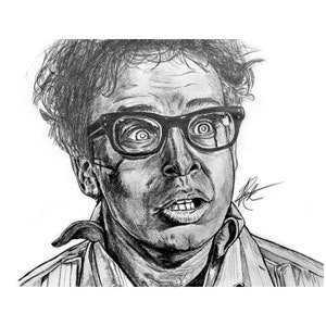 May include: A black and white pencil drawing of a man with a surprised expression. He is wearing glasses and has a messy hairstyle. The drawing is done in a realistic style.