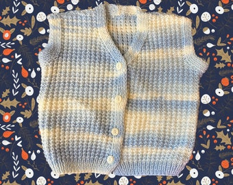 Gilet sans manches bleu et blanc fait main en laine bio / Taille 2 ans / made in France / hand knitted baby sweaters / baby sweater