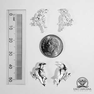 Puede incluir: Cuatro pendientes de plata en forma de cuervo, cada uno con alas detalladas y un acabado texturizado. Los pendientes se muestran junto a una moneda de diez centavos de dólar estadounidense para comparar el tamaño.