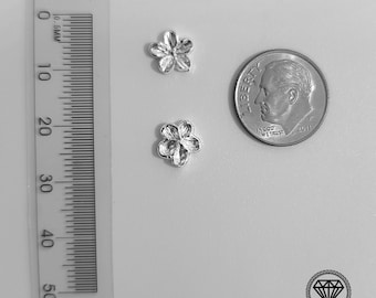 Può includere: Due piccoli ciondoli a forma di fiore color argento accanto a una moneta da dieci centesimi americana e un righello. I ciondoli hanno dettagliati disegni a petalo. La moneta mostra il profilo di un uomo. Il righello è segnato in millimetri.