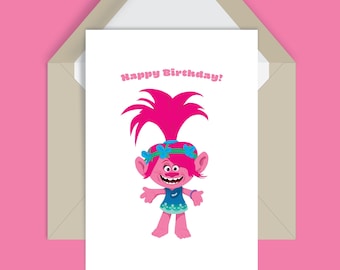 Trolls card, Poppy card, Trolls birthday card, Poppy birthday card, Trolls movie birthday card, Poppy from Trolls card, kids birthday card
