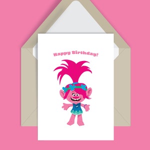 Cartão Trolls, cartão Poppy, cartão de aniversário Trolls, cartão de aniversário Poppy, cartão de aniversário do filme Trolls, cartão Poppy from Trolls, cartão de aniversário infantil