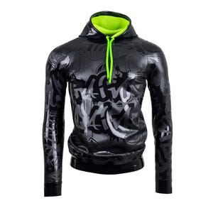 May include: Black hoodie with a graffiti-style design in shades of gray. The hood lining is bright neon green, and the drawstring is neon green. The hoodie has long sleeves and a fitted silhouette.