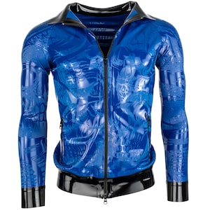 May include: A vibrant blue jacket with a glossy finish and a full-length zipper. The jacket features a unique embossed pattern and black trim on the collar, cuffs, and hem. The long-sleeved jacket has a sporty design.
