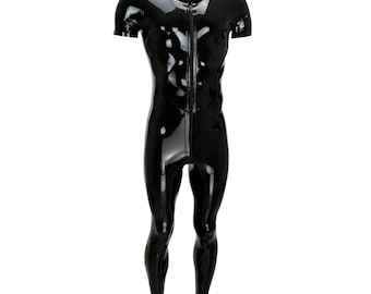 May include: A black, shiny, one-piece garment with a zip down the front and short sleeves.