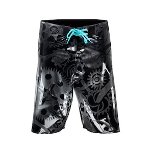 May include: Black and white patterned swim trunks with a teal drawstring. The pattern features a repeating design of gears and other mechanical elements.