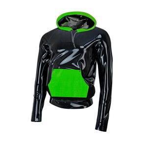 May include: A black hoodie with a glossy finish, featuring a bright green hood and a matching front pocket. The hoodie has long sleeves and a drawstring. The pocket has a geometric pattern.