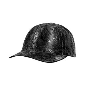 May include: A black baseball cap with a diamond pattern. The cap has a curved brim and a structured crown. The material appears to be leather or a leather-like material. The cap is a solid black color with a subtle sheen.