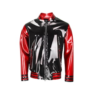 May include: A glossy black and red bomber jacket with a zipper closure. The jacket features red sleeves and a black body. The collar, cuffs, and hem have red stripes. The jacket is made of a shiny material.