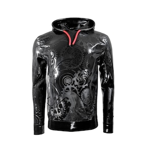May include: A black hoodie with a glossy finish and a repeating gear pattern. The hood has a red drawstring. The long-sleeved top is made of a shiny material.