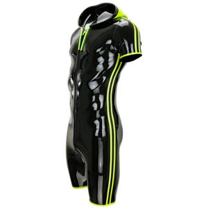 Könnte beinhalten: Schwarzer, kurzärmeliger Body mit Kapuze und gelben Streifen an den Seiten. Der Body hat einen Reißverschluss an der Vorderseite.