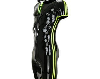 May include: Black short-sleeved bodysuit with a hood and yellow stripes down the sides. The bodysuit has a zip down the front.