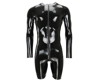 May include: A black, shiny, long-sleeved bodysuit with a zip down the front.