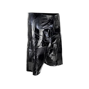 May include: Black and silver patterned shorts with a skull design.