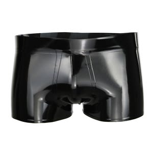 Könnte beinhalten: Schwarze, glänzende Shorts aus glattem, gummiartigem Material.