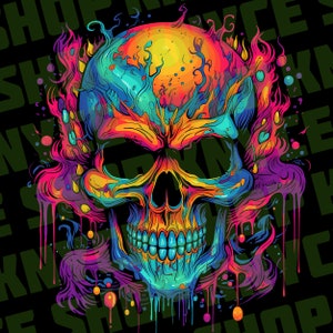 May include: A colourful skull with dripping paint in shades of pink, blue, yellow, and green. The skull is surrounded by flames and smoke.