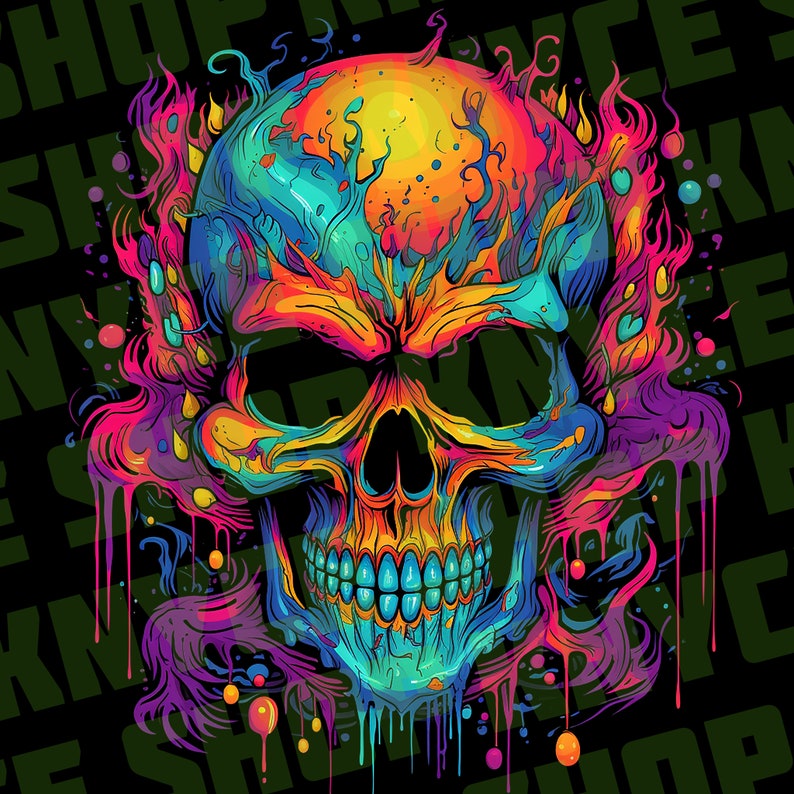 May include: A colourful skull with dripping paint in shades of pink, blue, yellow, and green. The skull is surrounded by flames and smoke.