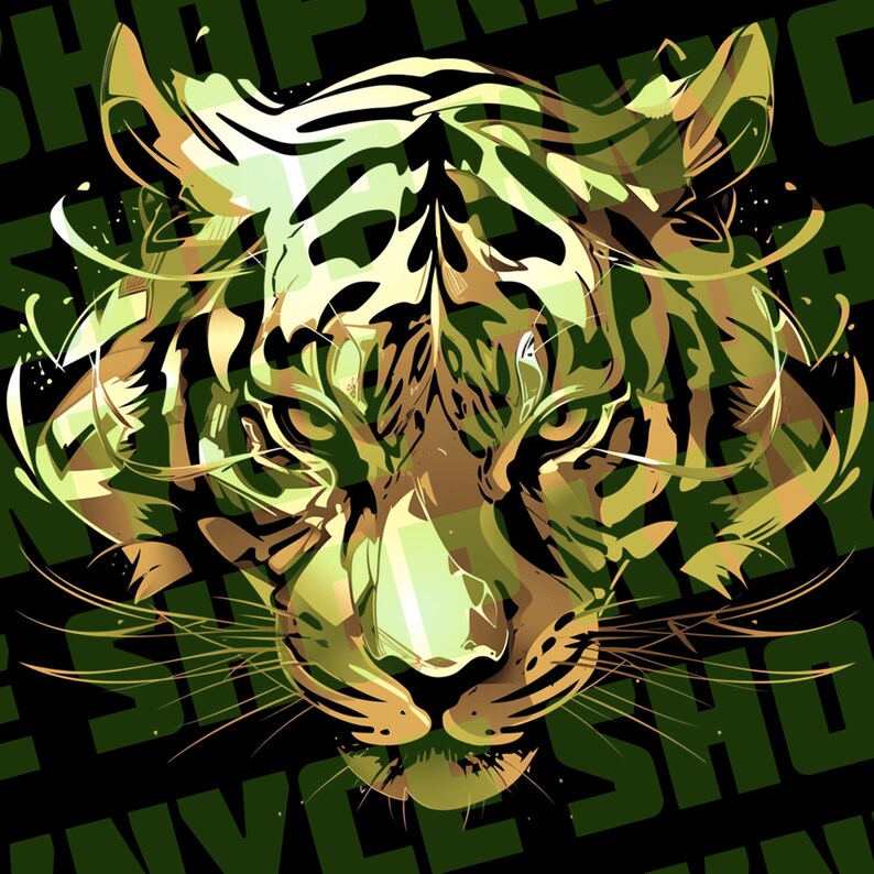 K&ouml;nnte beinhalten: Nahaufnahme eines Tigergesichts mit gr&uuml;nem und goldenem Tarnmuster. Die Augen des Tigers sind offen und starren direkt auf den Betrachter.