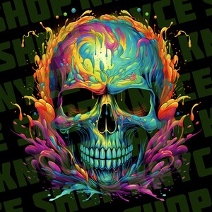May include: A colourful skull with dripping paint in shades of blue, green, yellow, orange, pink, and purple. The skull is surrounded by a splash of paint.