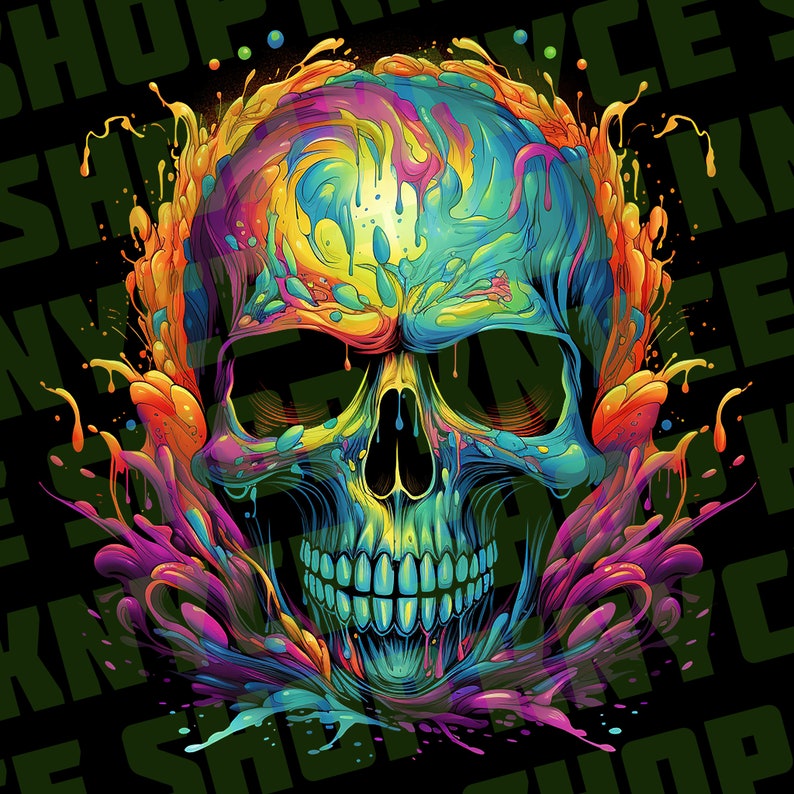May include: A colourful skull with dripping paint in shades of blue, green, yellow, orange, pink, and purple. The skull is surrounded by a splash of paint.
