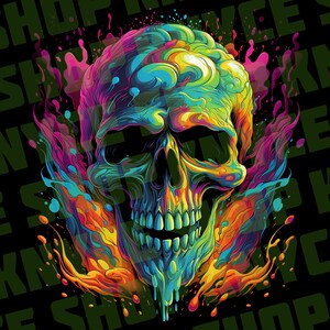 May include: A colourful, abstract skull with a dripping, liquid effect. The skull is surrounded by splashes of vibrant colours, including pink, blue, yellow, and orange.
