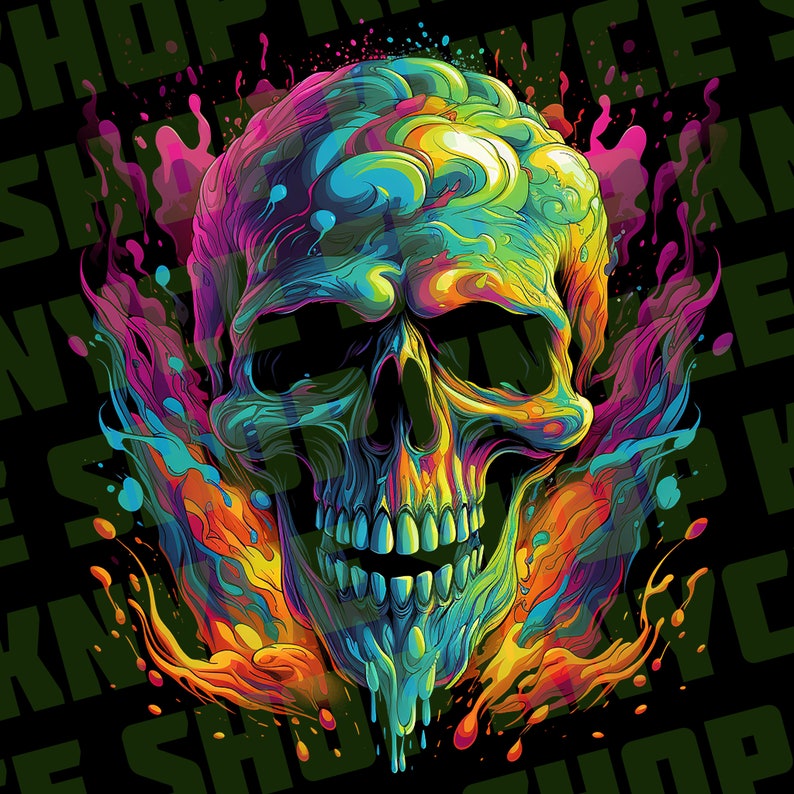 May include: A colourful, abstract skull with a dripping, liquid effect. The skull is surrounded by splashes of vibrant colours, including pink, blue, yellow, and orange.