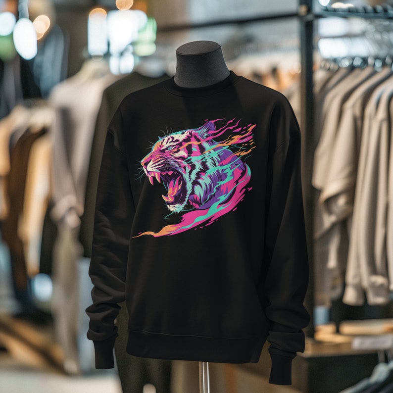 K&ouml;nnte beinhalten: Schwarzer Pullover mit einem bunten Tiger-Motiv. Der Tiger ist in einem lebendigen, abstrakten Stil mit rosa, blauen und violetten Farbt&ouml;nen dargestellt.