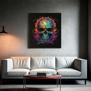 May include: A colourful skull with a rainbow paint splatter effect on a black background. The skull is surrounded by splashes of paint in shades of blue, green, yellow, orange, and purple.