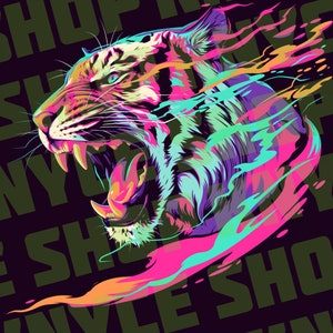 K&ouml;nnte beinhalten: Eine farbenfrohe abstrakte Illustration eines br&uuml;llenden Tigers mit einem Farbschema in Pink, Blau und Gelb. Der Tiger ist vor einem schwarzen Hintergrund mit gr&uuml;nem Text platziert.