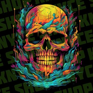 May include: A colourful skull with dripping paint, surrounded by swirling, abstract patterns in shades of blue, pink, and yellow. The skull is rendered in a vibrant, almost psychedelic style, with a bright yellow background.