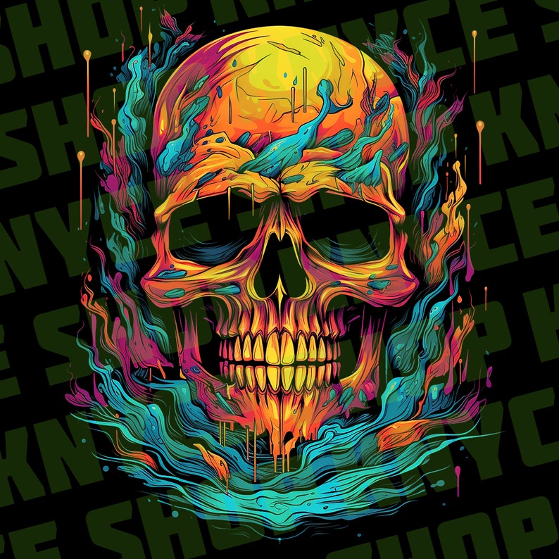 May include: A colourful skull with dripping paint, surrounded by swirling, abstract patterns in shades of blue, pink, and yellow. The skull is rendered in a vibrant, almost psychedelic style, with a bright yellow background.