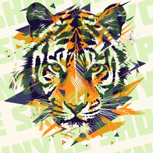 K&ouml;nnte beinhalten: Eine Nahaufnahme eines Tigergesichts mit einem bunten geometrischen Muster dahinter. Das Fell des Tigers ist orange und schwarz, und seine Augen sind gr&uuml;n. Das geometrische Muster besteht aus Dreiecken und Quadraten in Orange-, Gelb-, Gr&uuml;n- und Blaut&ouml;nen.