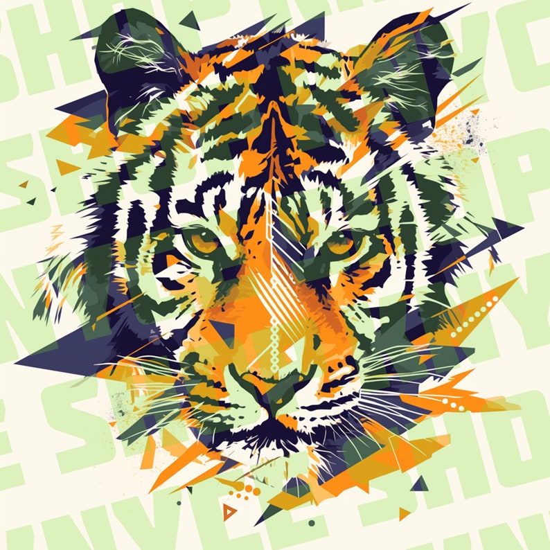 K&ouml;nnte beinhalten: Eine Nahaufnahme eines Tigergesichts mit einem bunten geometrischen Muster dahinter. Das Fell des Tigers ist orange und schwarz, und seine Augen sind gr&uuml;n. Das geometrische Muster besteht aus Dreiecken und Quadraten in Orange-, Gelb-, Gr&uuml;n- und Blaut&ouml;nen.