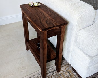 Small Walnut End Table with Storage, Narrow Wood Side Table, Slim Hardwood Nightstand, Walnut Living Room Table, Solid Wood Sofa Table.