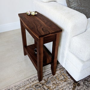 Small Walnut End Table with Storage, Narrow Wood Side Table, Slim Hardwood Nightstand, Walnut Living Room Table, Solid Wood Sofa Table.