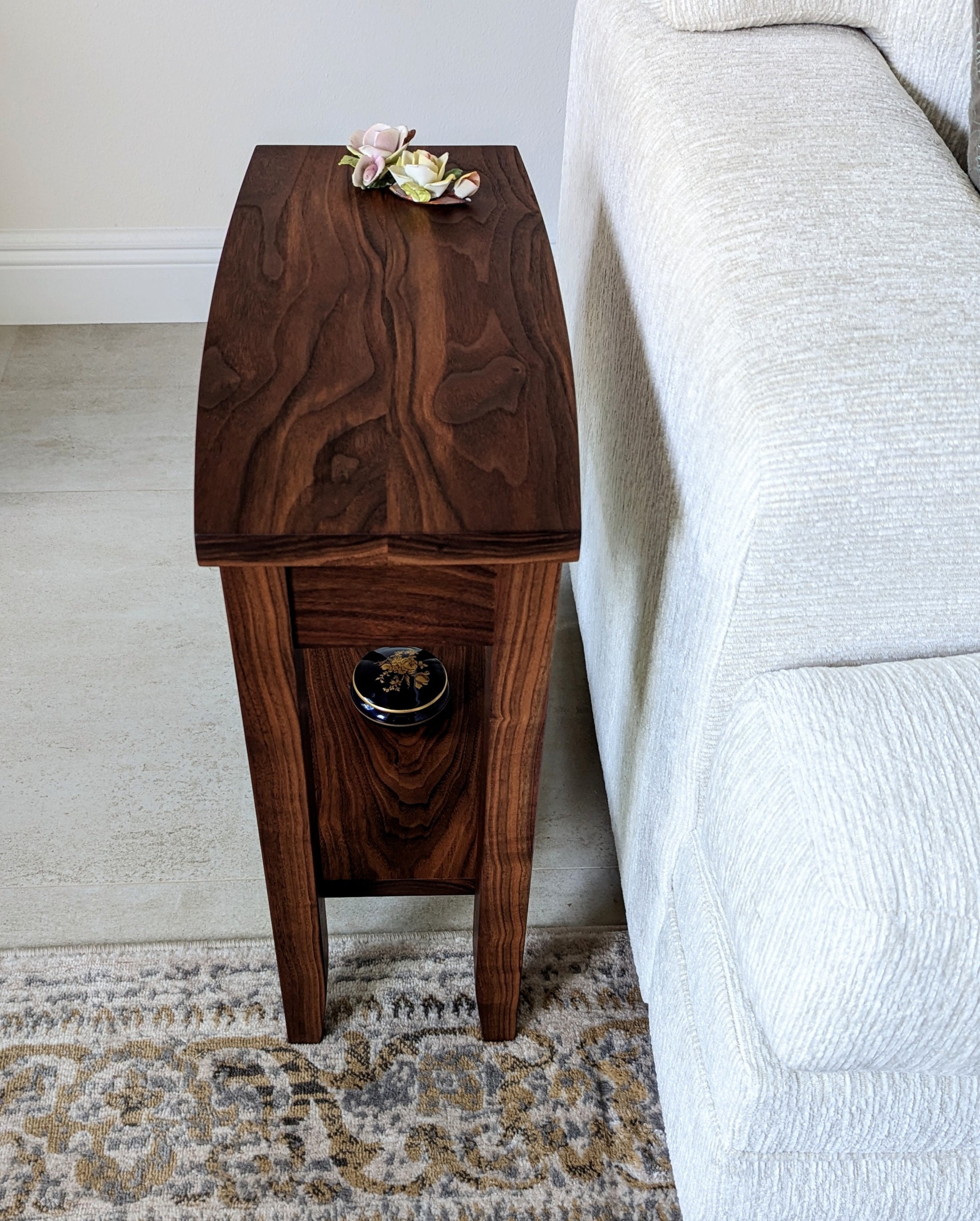 Small Walnut End Table With Storage, Narrow Wood Side Table, Slim
