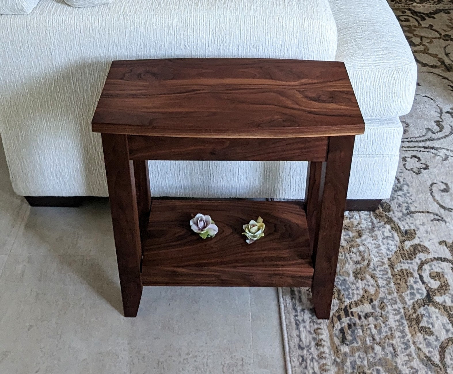 Small Walnut End Table With Storage, Narrow Wood Side Table, Slim