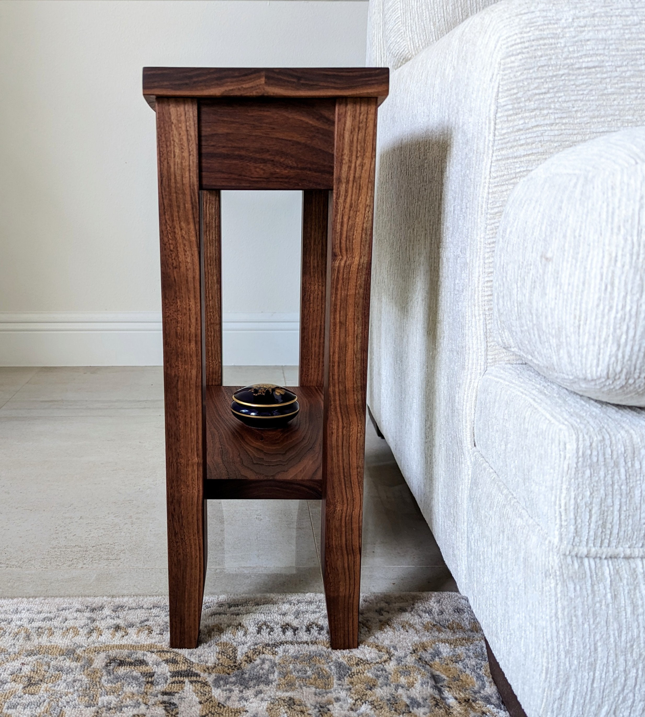 Small Walnut End Table With Storage, Narrow Wood Side Table, Slim