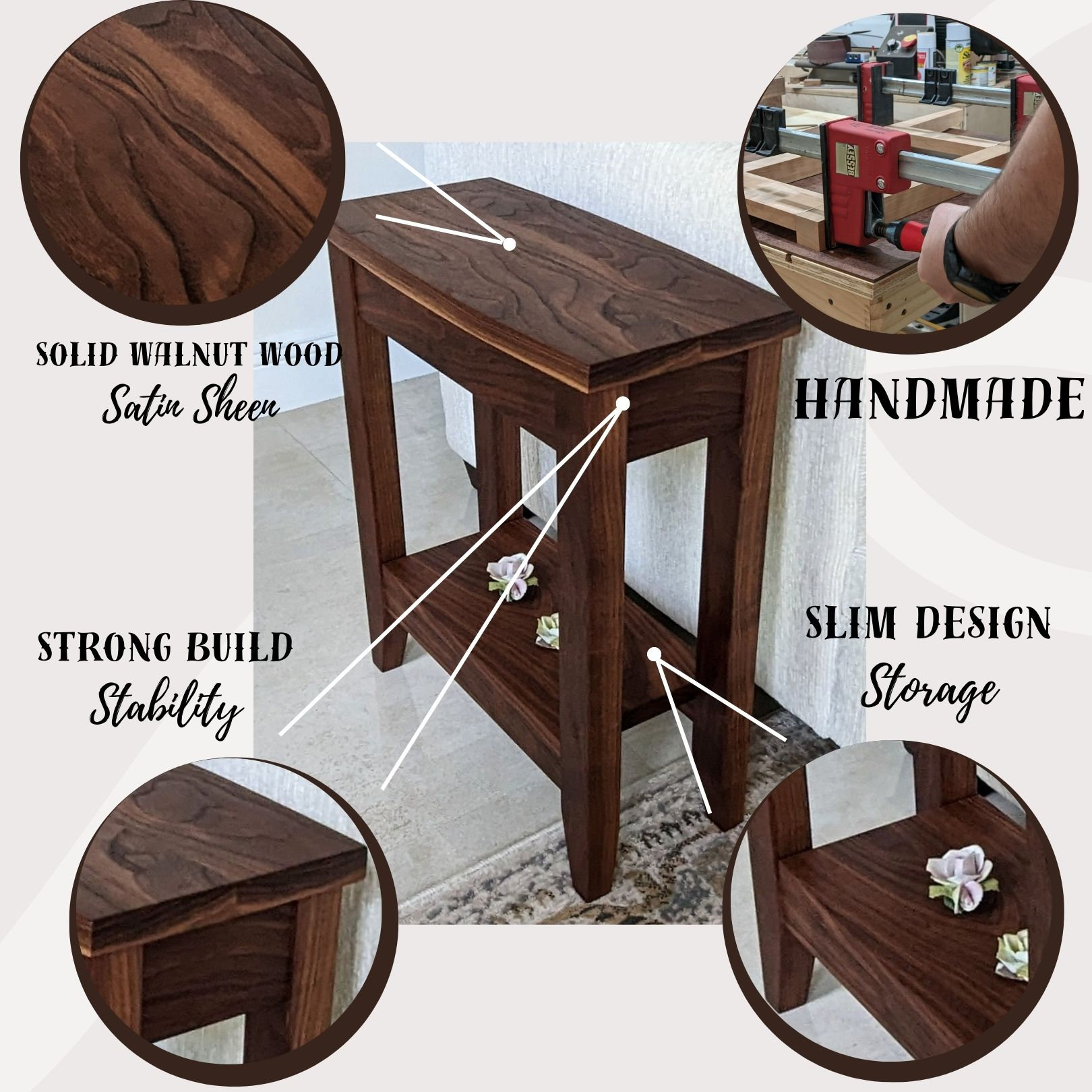 Small Walnut End Table With Storage, Narrow Wood Side Table, Slim