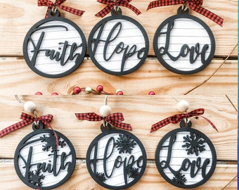 SET OF 3  *Shiplap Faith, Hope, & Love ornaments Christmas Noel! Farmhouse Holiday. Chose with or without snowflakes