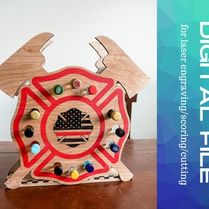 May include: A wooden fire department themed bottle holder with a red and white American flag design. The holder has 12 slots for small bottles.  DIGITAL FILE for laser engraving/scoring/cutting.