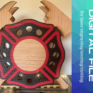May include: A wooden cutout of a firefighter's emblem with a red and black border. The emblem is in the shape of a Maltese cross with a circle in the center. The cutout is designed for laser engraving, scoring, or cutting.