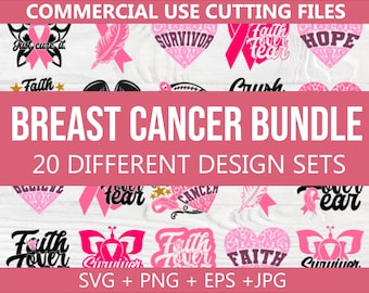 May include: A pink and white graphic design bundle for breast cancer awareness. The bundle includes 20 different designs with text such as "Faith Over Fear", "Survivor", "Hope", and "Just Cure It".