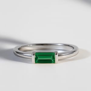 Emerald Baguette Ring: 14K Solid Gold/Sterling Silver, May Birthstone Stacking Ring